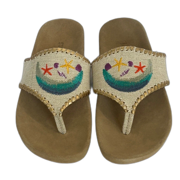 Jack Rogers Sandals Women’s Size 7.5 Color Tan Gold Embroidered Beach Scene - Picture 1 of 10